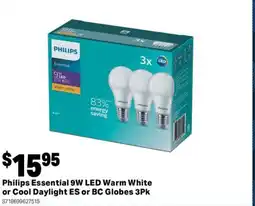 Mitre 10 Philips Essential 9W LED Warm White or Cool Daylight ES or BC Globes offer
