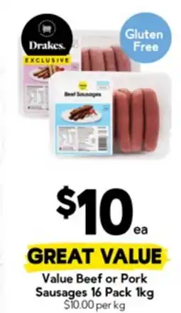 Drakes Value Beef or Pork Sausages offer