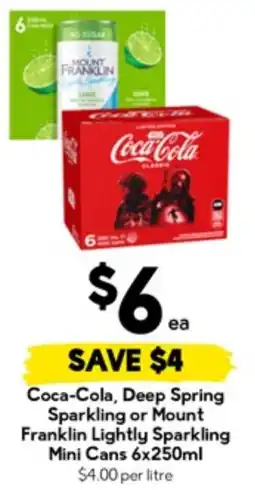 Drakes Coca-Cola, Deep Spring Sparkling or Mount Franklin Lightly Sparkling Mini Cans offer