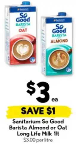 Drakes Sanitarium So Good Barista Almond or Oat Long Life Milk offer