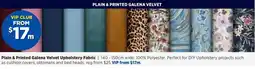 Spotlight Plain & Printed Galena Velvet Upholstery Fabric offer