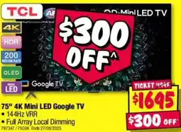 JB Hi-Fi 75" 4k mini led google tv offer
