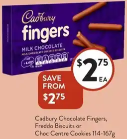 Foodworks Cadbury Chocolate Fingers, Freddo Biscuits or Choc Centre Cookies offer