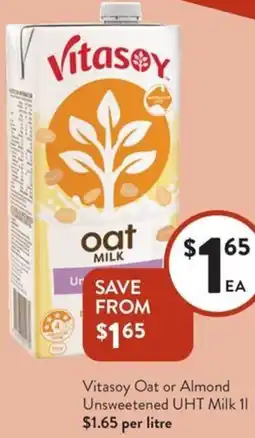 Foodworks Vitasoy Oat or Almond Unsweetened UHT Milk offer