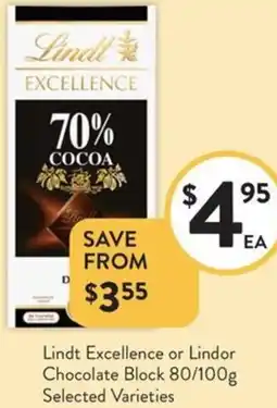 Foodworks Lindt Excellence or Lindor Chocolate Block offer