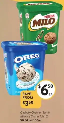 Foodworks Cadbury Oreo or Nestlé Milo Ice Cream Tub offer