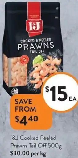 Foodworks 1&J Cooked Peeled Prawns Tail Off offer