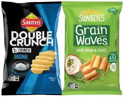 IGA Smith’s Double Crunch Chips 150g or Sunbites Grain Waves Wholegrain Chips 170g Selected Varieties offer