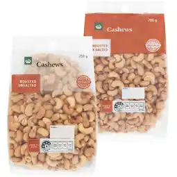 Woolworths Woolworths Cashews Roasted Salted or Unsalted 750g Pack offer