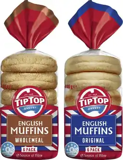 Coles Tip Top English Muffins 6 Pack 360g-400g offer