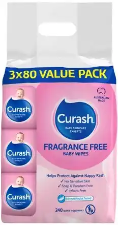 Coles Curash Fragrance Free Sensitive Skin Baby Wipes 240 Pack offer