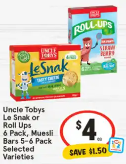 IGA Uncle Tobys Le Snak or Roll Ups offer