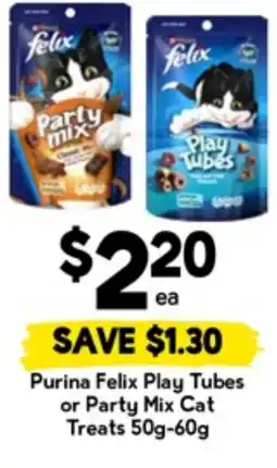Drakes Purina Felix Play Tubes or Party Mix Cat Treats offer