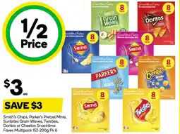 Woolworths Smith's Chips, Parker's Pretzel Minis, Sunbites Grain Waves, Twisties, Doritos or Cheetos Snacktime offer