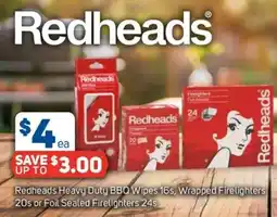 Foodland Redheads Heavy Duty BBQ Wipes, Wrapped Firelighters or Foil Sealed Firelighters offer