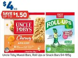 Foodland Uncle Toby Muesli Bars, Roll Ups or Snack Bars offer