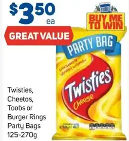 Foodland Twisties, Cheetos, Toobs or Burger Rings Party Bags offer