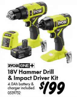 Bunnings Ryobi one 18v hammer drill & impact driver kit offer