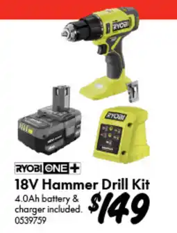 Bunnings RYOBI ONE 18V Hammer Drill Kit offer