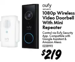 Bunnings eufy 1080p Wireless Video Doorbell With Mini Repeater offer