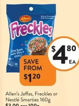 Foodworks Allen's Jaffas, Freckles or Nestlé Smarties offer