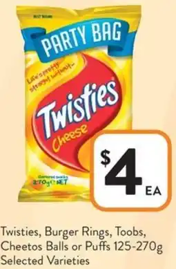 Foodworks Twisties, Burger Rings, Toobs, Cheetos Balls or Puffs offer