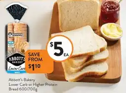 Foodworks Abbott's Bakery Lower Carb or Higher Protein Bread offer
