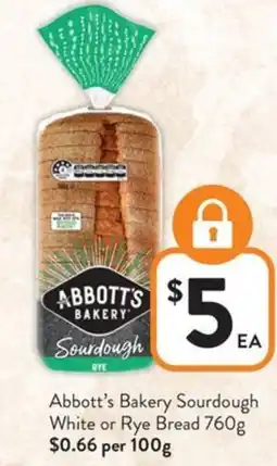 Foodworks Abbott's Bakery Sourdough White or Rye Bread offer