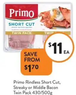 Foodworks Primo Rindless Short Cut, Streaky or Middle Bacon offer
