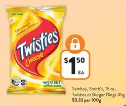 Foodworks Samboy, Smith's Thins Twisties or Burger Rings offer