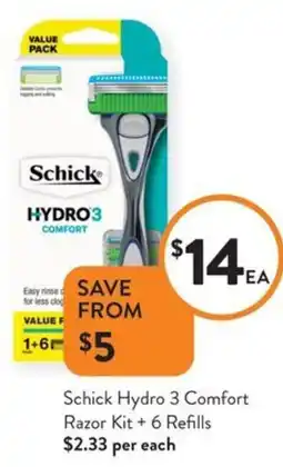 Foodworks Schick Hydro 3 Comfort Razor Kit + 6 Refills offer
