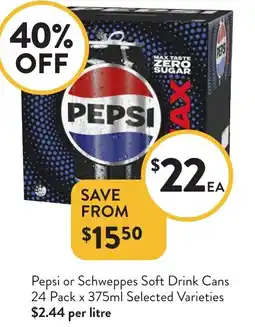 Foodworks Pepsi or Schweppes Soft Drink Cans offer
