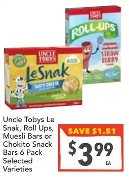Supa Valu Uncle Tobys Le Snak, Roll Ups, Muesli Bars or Chokito Snack Bars offer