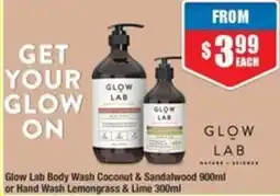 Chemist Warehouse Glow Lab Body Wash Coconut & Sandalwood or Hand Wash Lemongrass & Lime offer