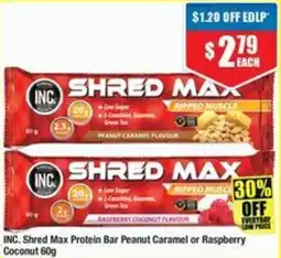 Chemist Warehouse INC. Shred Max Protein Bar Peanut Caramel or Raspberry Coconut offer