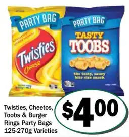 Friendly Grocer Twisties, cheetos, toobs & burger rings party bags varieties offer