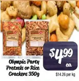 Farmer Jack's Olympic party pretzels or rice crackers offer