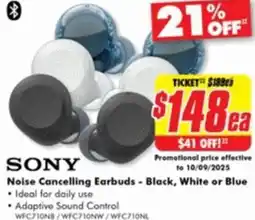The Good Guys SONY Noise Cancelling Earbuds - Black, White or Blue offer