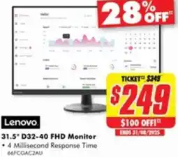 The Good Guys Lenovo 31.5" D32-40 FHD Monitor offer