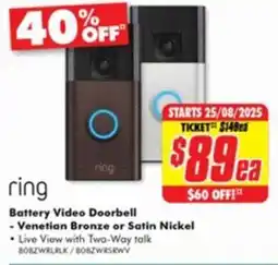 The Good Guys ring Battery Video Doorbell - Venetian Bronze or Satin Nickel offer