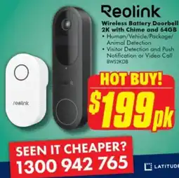 The Good Guys Reolink Wireless Battery Doorbell 2K with Chime and 64GB offer