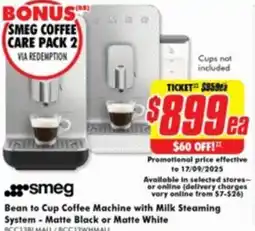 The Good Guys smeg Bean to Cup Coffee Machine with Milk Steaming System offer