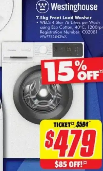 The Good Guys Westinghouse 7.5kg Front Load Washer offer