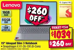 JB Hi-Fi Lenovo 15" Ideapad Slim 3 Notebook offer