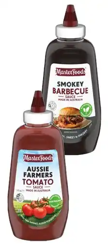 IGA MasterFoods Smokey Barbecue or Aussie Farmers Tomato Squeezy Sauce 500mL offer