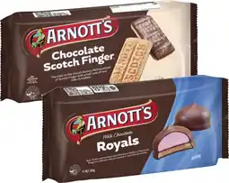 Coles Arnott's Chocolate Scotch Finger or Milk Chocolate Royals Biscuits 200g-250g offer