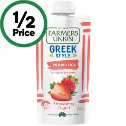 Woolworths Farmers Union Greek Style Yoghurt Pouches 130g offer
