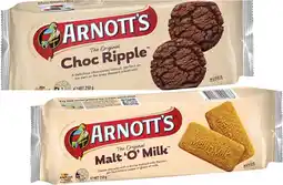 Coles Arnott's Malt 'O' Milk or Choc Ripple Biscuits 250g offer