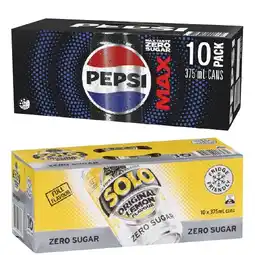 Woolworths Pepsi, Solo, Mountain Dew or Schweppes Lemonade Soft Drink Varieties 10 x 375ml offer