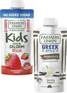 Coles Farmers Union Greek Style or No Added Sugar Kids Yogurt Pouch 130g offer